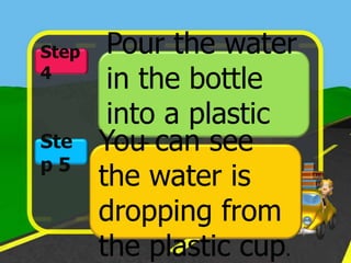 Step    Pour the water
4
        in the bottle
        into a plastic
Ste    You .can see
        cup
p5
       the water is
       dropping from
       the plastic cup.
 