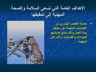 ‫الهداف العامة التي تسعى السلمة والصحة‬
         ‫المهنية إلى تحقيقها‬
                      ‫حماية العنصر البشري من‬      ‫‪‬‬

                    ‫الاصابات النارجمة عن مخاطر‬
                   ‫بيئة العمل وذلك بمنع تعرضهم‬
                   ‫للحوادث والاصابات والمراض‬
                                      ‫المهنية .‬
 