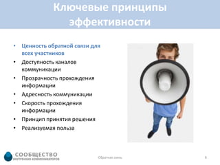 Ключевые принципы
               эффективности
• Ценность обратной связи для
  всех участников
• Доступность каналов
  коммуникации
• Прозрачность прохождения
  информации
• Адресность коммуникации
• Скорость прохождения
  информации
• Принцип принятия решения
• Реализуемая польза



                            Обратная связь   8
 