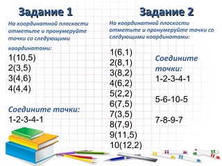 Задание 1                         Задание 2
На координатной плоскости   На координатной плоскости
отметьте и пронумеруйте     отметьте и пронумеруйте точки со
точки со следующими         следующими координатами:
координатами:
                            1(6,1)
1(10,5)                                   Соедините
                            2(8,1)
2(3,5)                                    точки:
                            3(8,2)
3(4,6)                                    1-2-3-4-1
                            4(6,2)
4(4,4)
                            5(2,2)
                                          5-6-10-5
                            6(7,5)
Соедините точки:
                            7(3,5)
1-2-3-4-1                                 7-8-9-7
                            8(7,9)
                            9(11,5)
                            10(12,2)
 