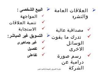 ‫‪ ‬العلقات العامة ‪ ‬البيع الشخصى :‬
      ‫‪ ‬المواجهة‬             ‫والنشر:‬
‫تنمية العلقات‬         ‫‪‬‬
    ‫الستجابة‬          ‫‪‬‬                     ‫‪ ‬مصداقية عالية‬
‫‪ ‬تدرك ما يفوت ‪ ‬التسويق غير المباشر:‬
     ‫‪ ‬غير جماهيرى‬           ‫الوسائل‬
            ‫‪ ‬تفصيل‬           ‫الخرى‬
            ‫‪ ‬تفاعلى‬     ‫‪ ‬رسم صورة‬
                           ‫درامية عن‬
                              ‫الشركة‬
                ‫دبلومة التسويق والمبيعات/دالسيد ناصر‬
 