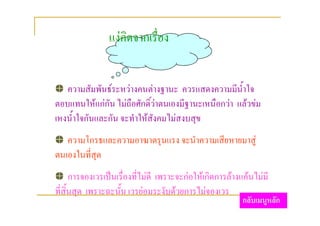 แงคิดจากเรื่อง


   ความสัมพันธระหวางคนตางฐานะ ควรแสดงความมีน้ําใจ
ตอบแทนใหแกกัน ไมถือศักดิ์วาตนเองมีฐานะเหนือกวา แลวขม
เหงน้ําใจกันและกัน จะทําใหสังคมไมสงบสุข
   ความโกรธและความอาฆาตรุนแรง จะนําความเสียหายมาสู
ตนเองในที่สุด
      การจองเวรเปนเรื่องที่ไมดี เพราะจะกอใหเกิดการลางแคนไมมี
ที่สิ้นสุด เพราะฉะนั้น เวรยอมระงับดวยการไมจองเวร
                                                          กลับเมนูหลัก
 