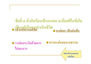 ขอที่ ๗ ถานักเรียนเปนนนทก จะถือคติในขอใด
  เปวแตพกในการดําเนินชีวิต
 แล
      นหลั รหมลิขิต
                             ตาตอตา ฟนตอฟน



 เวรยอมระงับดวยการ    ธรรมะยอมชนะอธรรม

  ไมจองเวร
                                   กลับหนาแบบทดสอบ
                                        หลังเรียน
 