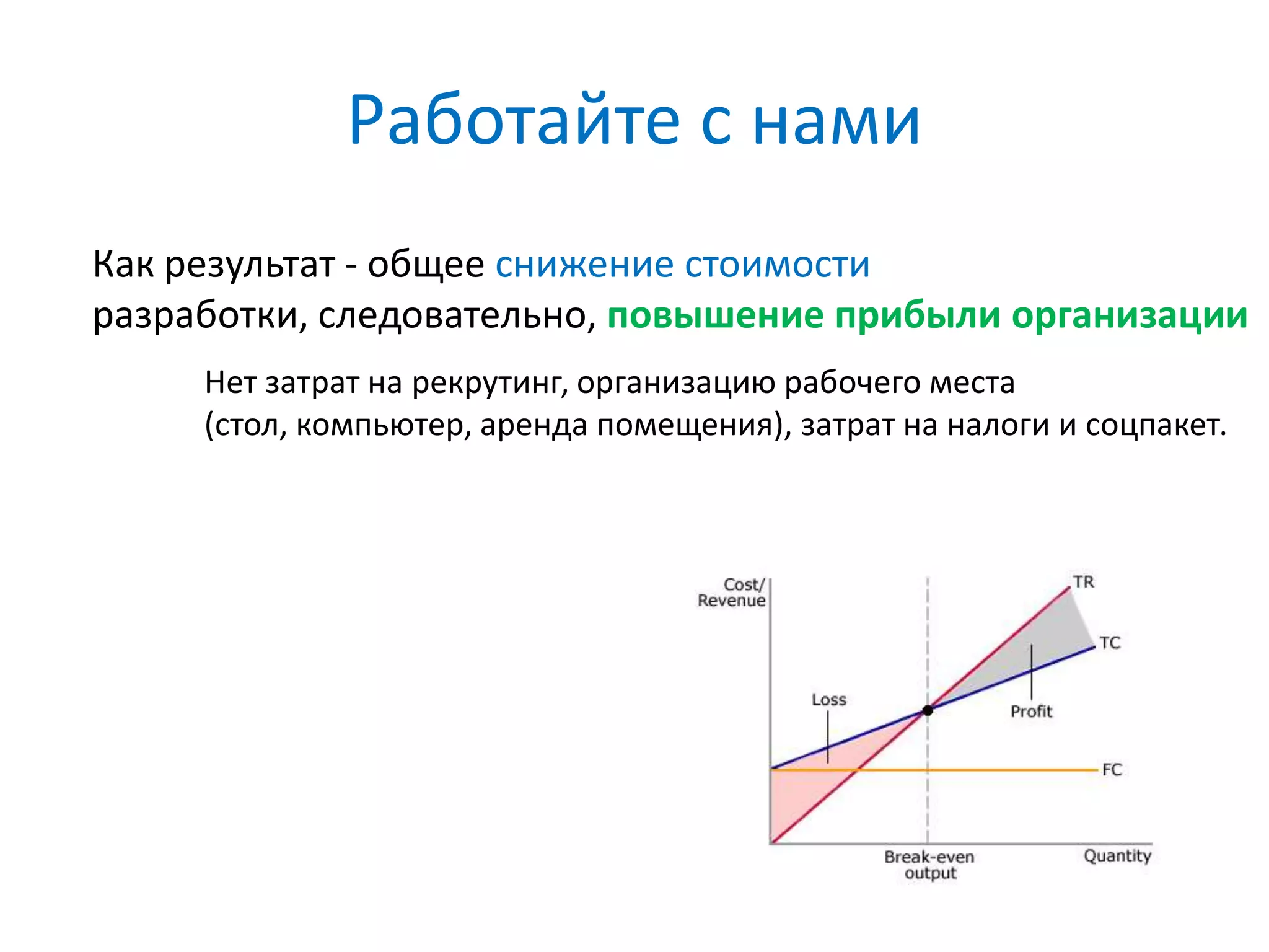 Работайте с нами
Как результат - общее снижение стоимости
разработки, следовательно, повышение прибыли организации
     Нет затрат на рекрутинг, организацию рабочего места
     (стол, компьютер, аренда помещения), затрат на налоги и соцпакет.
 