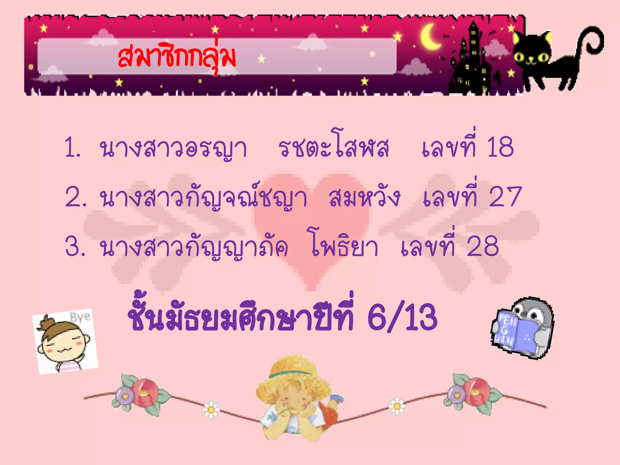 สมาชิกกลุ่ม

1. นางสาวอรญา รชตะโสฬส เลขที่ 18
2. นางสาวกัญจณ์ชญา สมหวัง เลขที่ 27
3. นางสาวกัญญาภัค โพธิยา เลขที่ 28
    ชั้นมัธยมศึกษาปีที่ 6/13
 