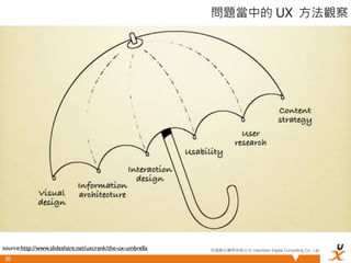 問題當中的 UX 方法觀察




source:http://www.slideshare.net/uxcrank/the-ux-umbrella   悠識數位顧問有限公司 UserXper Digital Consulting Co., Ltd.

30
 