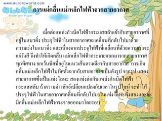 การแผ่คลื่นแม่เหล็กไฟฟ้าจากสายอากาศ

               เมื่อต่อแหล่งกาเนิดไฟฟ้ากระแสสลับเข้ากับสายอากาศที่
อยู่ในแนวดิ่ง ประจุไฟฟ้าในสายอากาศจะเคลื่อนที่กลับไปมาด้วย
ความเร่งในแนวดิ่ง และเนื่องจากประจุไฟฟ้าที่เคลื่อนที่ด้วยความเร่งจะ
แผ่รังสี จึงทาให้เกิดคลื่น แม่เหล็กไฟฟ้ากระจายออกมาจากสายอากาศ
ทุกทิศทาง ยกเว้นทิศที่อยู่ในแนวเส้นตรงเดียวกับสายอากาศ การเกิด
คลื่นแม่เหล็กไฟฟ้าในทิศตั้งฉากกับสายอากาศเป็นดังรูป จากรูป แสดง
สายอากาศซึ่งเป็นแท่งโลหะ สองแท่งต่อกับแหล่งกาเนิดไฟฟ้า
กระแสสลับ ถ้าความต่างศักย์เปลี่ยนแปลงกับเวลาในรูปไซน์ จะทาให้
ประจุไฟฟ้าในสายอากาศเคลื่อนที่กลับไปมาในแท่งโลหะทั้งสองและจะ
มีคลื่นแม่เหล็กไฟฟ้ากระจายออกมาโดยรอบ
 