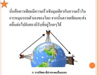 นั่นคือดาวเทียมมีความเร็วเชิงมุมเดียวกับความเร็วใน
การหมุนรอบตัวเองของโลก จากนั้นดาวเดทียมจะส่ง
คลื่นต่อไปยังสถานีรับที่อยู่ไกลๆได้
 