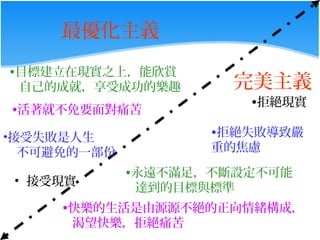 最優化主義
•目標建立在現實之上，能欣賞
 自己的成就，享受成功的樂趣        完美主義
                       •拒絕現實
•活著就不免要面對痛苦

•接受失敗是人生            •拒絕失敗導致嚴
  不可避免的一部份          重的焦慮

             •永遠不滿足，不斷設定不可能
 • 接受現實
              達到的目標與標準
     •快樂的生活是由源源不絕的正向情緒構成，
      渴望快樂，拒絕痛苦
 