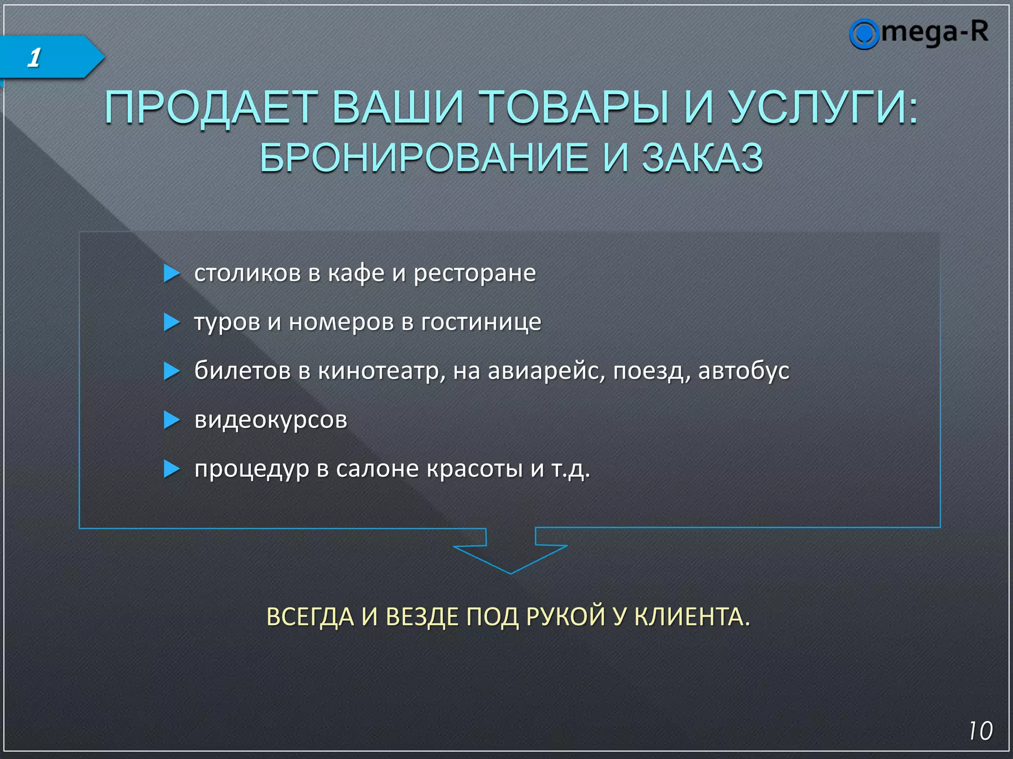 1
    ПРОДАЕТ ВАШИ ТОВАРЫ И УСЛУГИ:
               БРОНИРОВАНИЕ И ЗАКАЗ

         столиков в кафе и ресторане
         туров и номеров в гостинице
         билетов в кинотеатр, на авиарейс, поезд, автобус
         видеокурсов
         процедур в салоне красоты и т.д.




               ВСЕГДА И ВЕЗДЕ ПОД РУКОЙ У КЛИЕНТА.



                                                             10
 