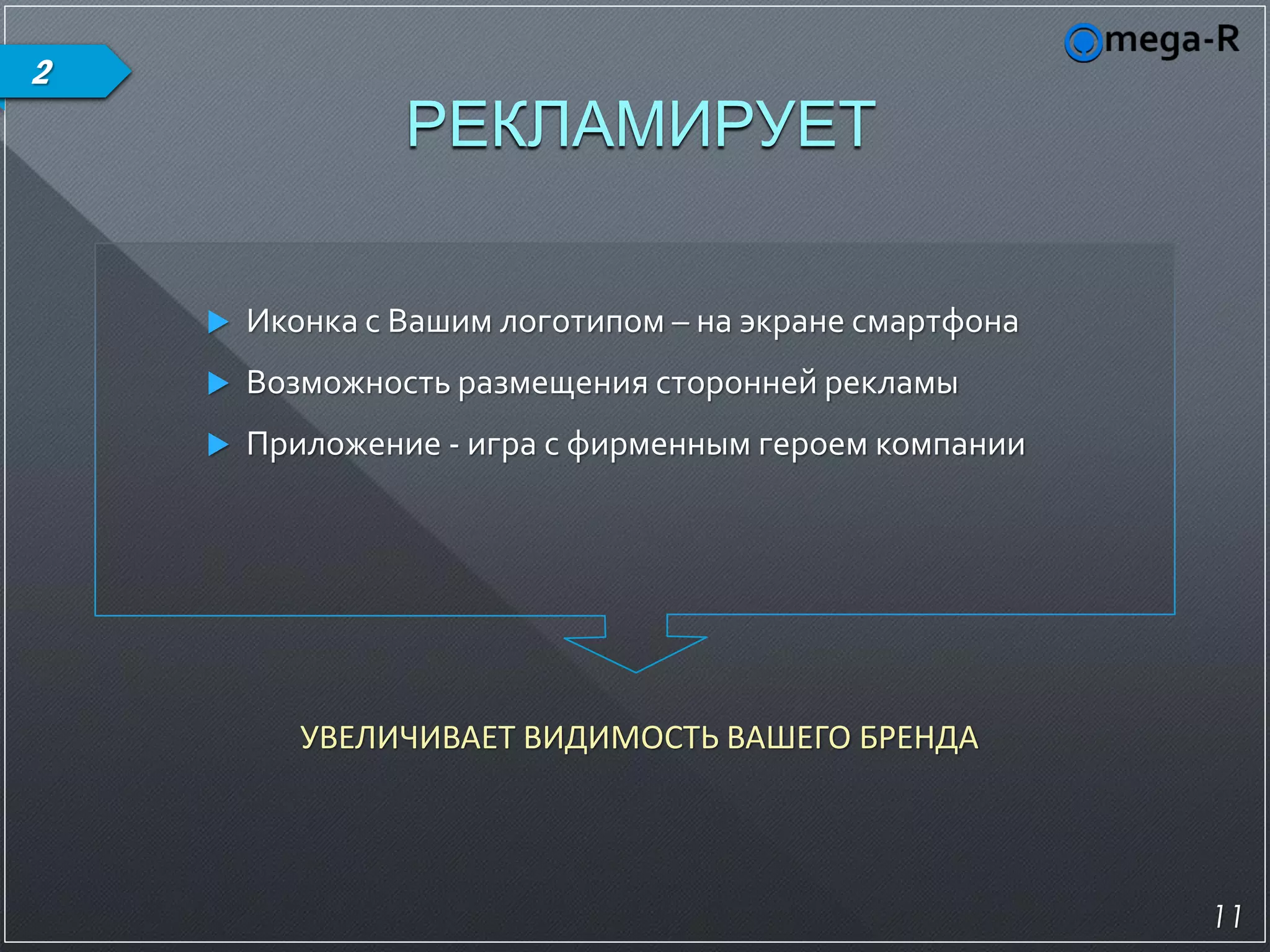 2
                 РЕКЛАМИРУЕТ

       Иконка с Вашим логотипом – на экране смартфона
       Возможность размещения сторонней рекламы
       Приложение - игра с фирменным героем компании




           УВЕЛИЧИВАЕТ ВИДИМОСТЬ ВАШЕГО БРЕНДА




                                                         11
 
