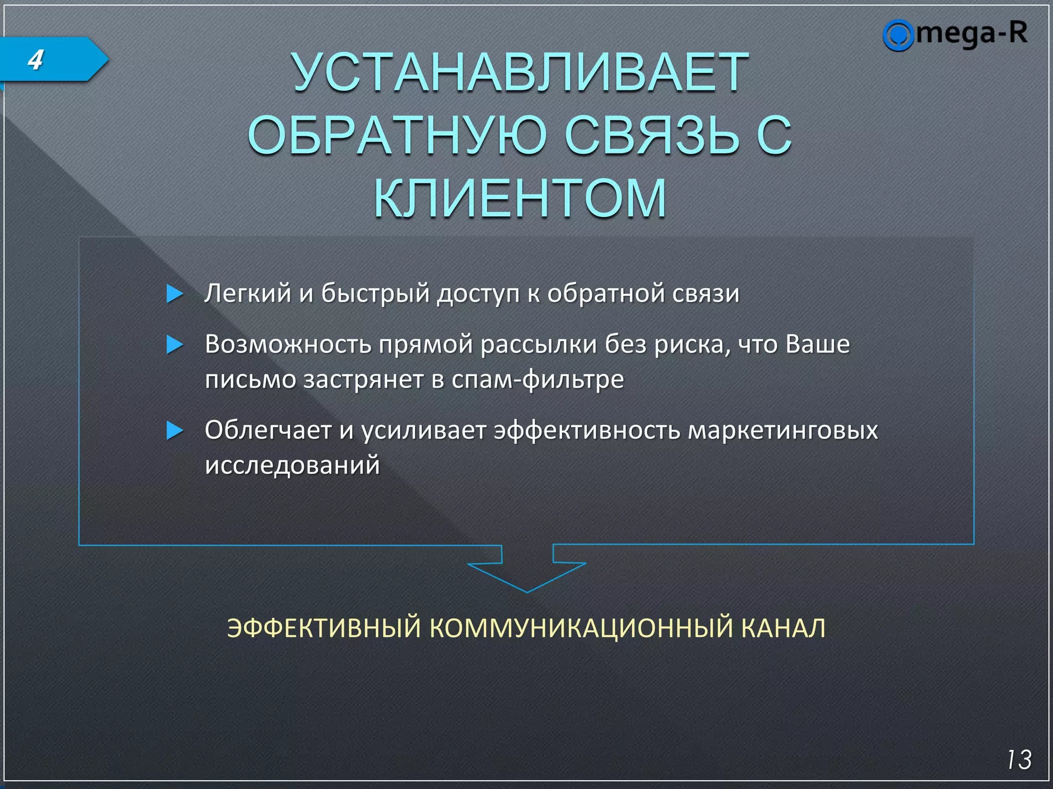 4
            УСТАНАВЛИВАЕТ
           ОБРАТНУЮ СВЯЗЬ С
              КЛИЕНТОМ
       Легкий и быстрый доступ к обратной связи
       Возможность прямой рассылки без риска, что Ваше
        письмо застрянет в спам-фильтре
       Облегчает и усиливает эффективность маркетинговых
        исследований




         ЭФФЕКТИВНЫЙ КОММУНИКАЦИОННЫЙ КАНАЛ



                                                            13
 