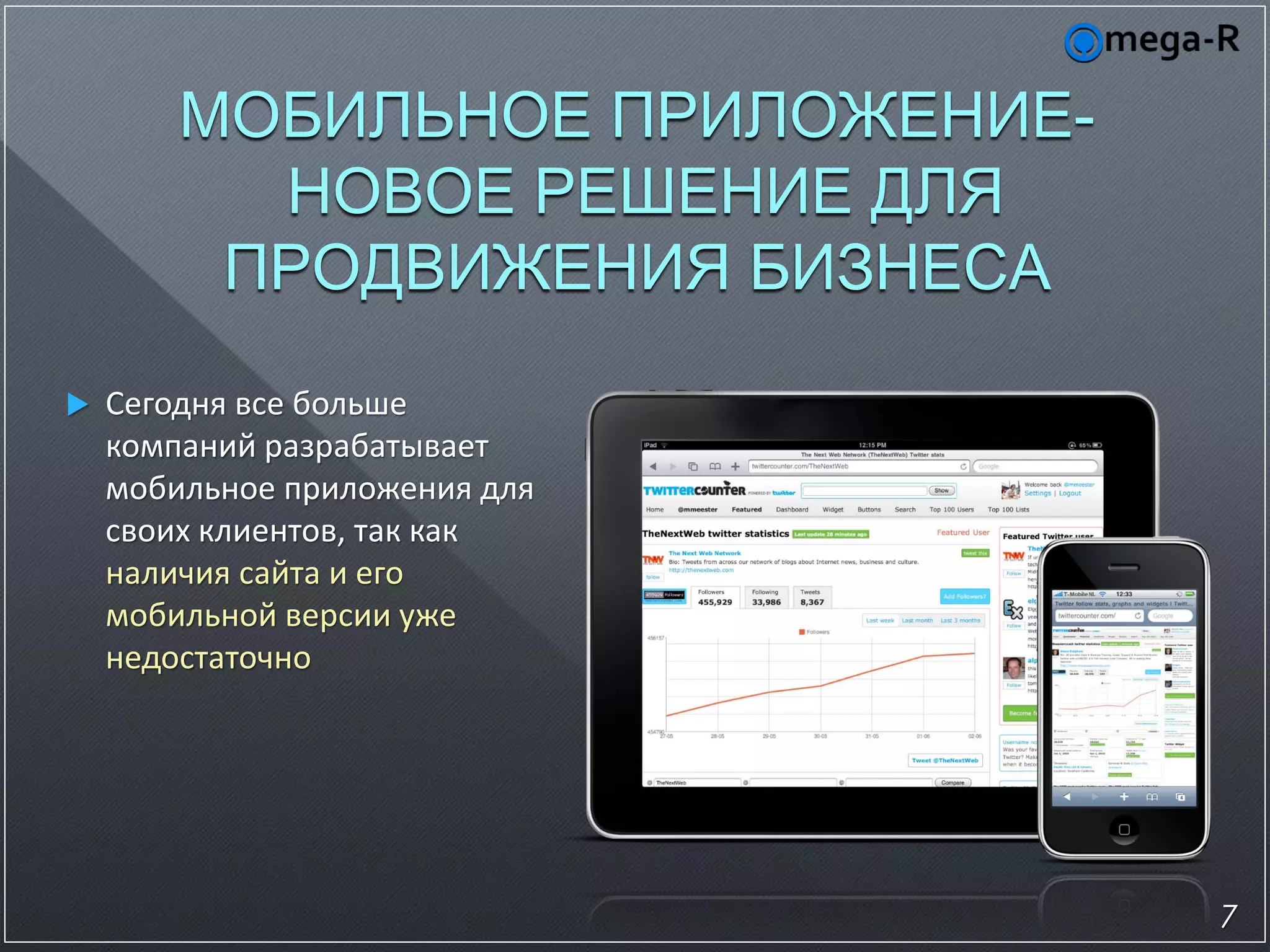 МОБИЛЬНОЕ ПРИЛОЖЕНИЕ-
          НОВОЕ РЕШЕНИЕ ДЛЯ
         ПРОДВИЖЕНИЯ БИЗНЕСА
   Сегодня все больше
    компаний разрабатывает
    мобильное приложения для
    своих клиентов, так как
    наличия сайта и его
    мобильной версии уже
    недостаточно




                                7
 