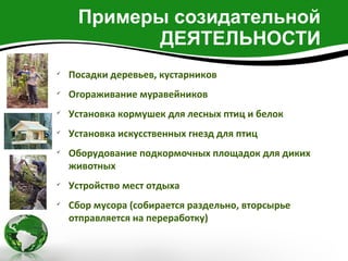 Примеры созидательной
           ДЕЯТЕЛЬНОСТИ

    Посадки деревьев, кустарников

    Огораживание муравейников

    Установка кормушек для лесных птиц и белок

    Установка искусственных гнезд для птиц

    Оборудование подкормочных площадок для диких
    животных

    Устройство мест отдыха

    Сбор мусора (собирается раздельно, вторсырье
    отправляется на переработку)
 