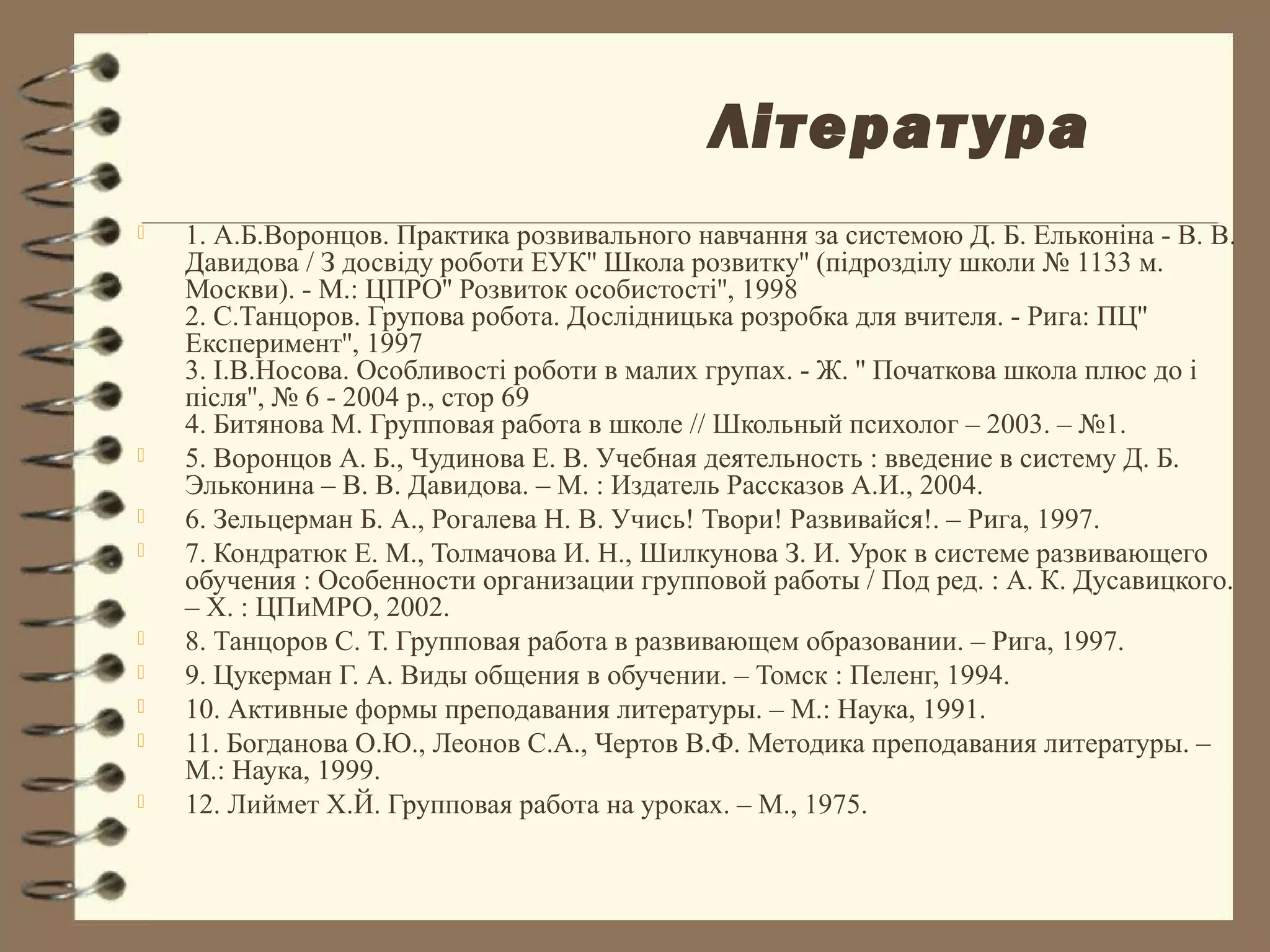 Літерат ура
   1. А.Б.Воронцов. Практика розвивального навчання за системою Д. Б. Ельконіна - В. В.
    Давидова / З досвіду роботи ЕУК'' Школа розвитку'' (підрозділу школи № 1133 м.
    Москви). - М.: ЦПРО'' Розвиток особистості'', 1998
    2. С.Танцоров. Групова робота. Дослідницька розробка для вчителя. - Рига: ПЦ''
    Експеримент'', 1997
    3. І.В.Носова. Особливості роботи в малих групах. - Ж. '' Початкова школа плюс до і
    після'', № 6 - 2004 р., стор 69
    4. Битянова М. Групповая работа в школе // Школьный психолог – 2003. – №1.
   5. Воронцов А. Б., Чудинова Е. В. Учебная деятельность : введение в систему Д. Б.
    Эльконина – В. В. Давидова. – М. : Издатель Рассказов А.И., 2004.
   6. Зельцерман Б. А., Рогалева Н. В. Учись! Твори! Развивайся!. – Рига, 1997.
   7. Кондратюк Е. М., Толмачова И. Н., Шилкунова З. И. Урок в системе развивающего
    обучения : Особенности организации групповой работы / Под ред. : А. К. Дусавицкого.
    – Х. : ЦПиМРО, 2002.
   8. Танцоров С. Т. Групповая работа в развивающем образовании. – Рига, 1997.
   9. Цукерман Г. А. Виды общения в обучении. – Томск : Пеленг, 1994.
   10. Активные формы преподавания литературы. – М.: Наука, 1991.
   11. Богданова О.Ю., Леонов С.А., Чертов В.Ф. Методика преподавания литературы. –
    М.: Наука, 1999.
   12. Лиймет Х.Й. Групповая работа на уроках. – М., 1975.
 