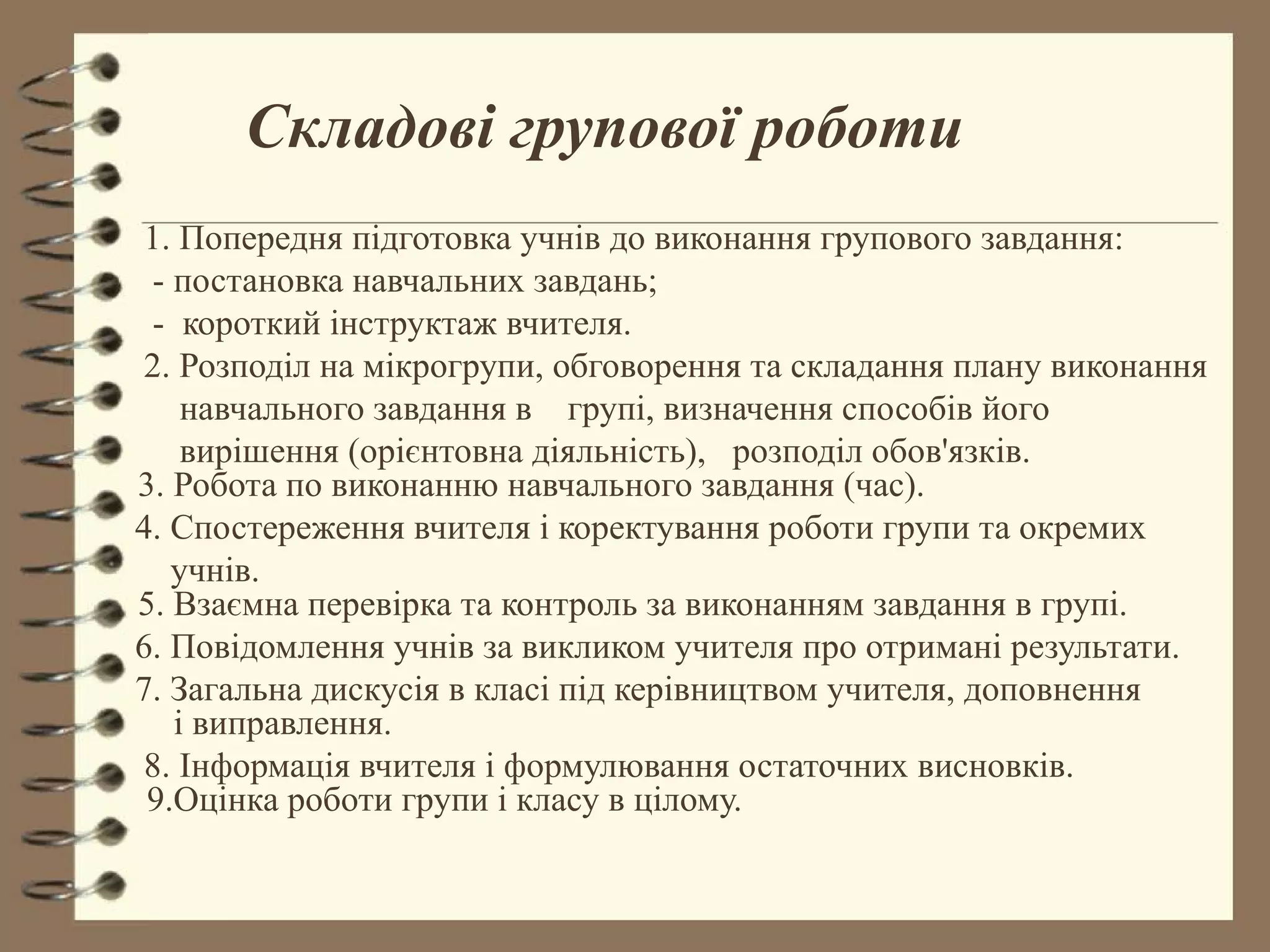 Складові групової роботи
 1. Попередня підготовка учнів до виконання групового завдання:
 - постановка навчальних завдань;
 - короткий інструктаж вчителя.
 2. Розподіл на мікрогрупи, обговорення та складання плану виконання
    навчального завдання в групі, визначення способів його
    вирішення (орієнтовна діяльність), розподіл обов'язків.
3. Робота по виконанню навчального завдання (час).
4. Спостереження вчителя і коректування роботи групи та окремих
   учнів.
5. Взаємна перевірка та контроль за виконанням завдання в групі.
6. Повідомлення учнів за викликом учителя про отримані результати.
7. Загальна дискусія в класі під керівництвом учителя, доповнення
   і виправлення.
 8. Інформація вчителя і формулювання остаточних висновків.
 9.Оцінка роботи групи і класу в цілому.
 