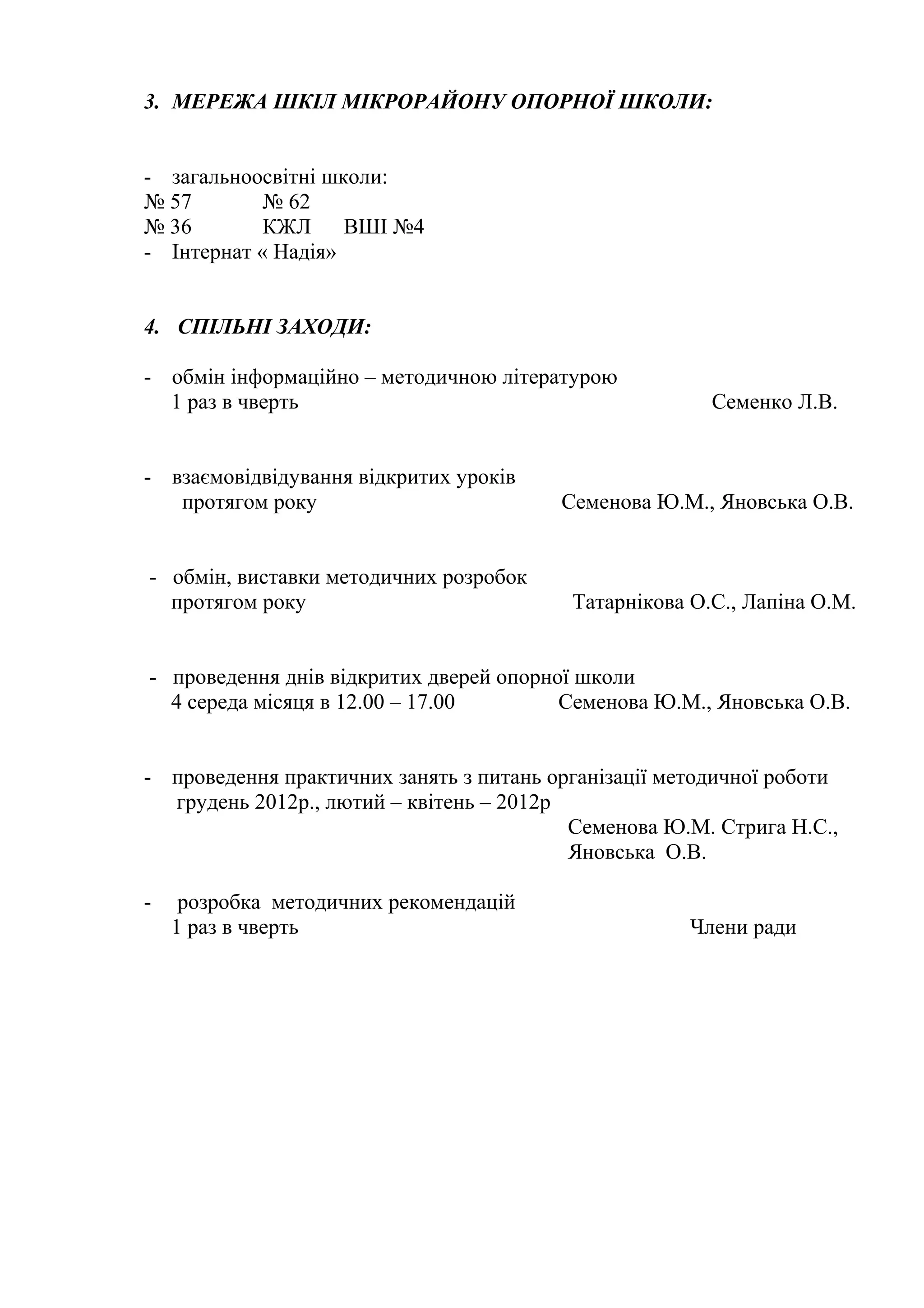 3. МЕРЕЖА ШКІЛ МІКРОРАЙОНУ ОПОРНОЇ ШКОЛИ:


- загальноосвітні школи:
№ 57        № 62
№ 36        КЖЛ     ВШІ №4
- Інтернат « Надія»


4. СПІЛЬНІ ЗАХОДИ:

- обмін інформаційно – методичною літературою
  1 раз в чверть                                        Семенко Л.В.


- взаємовідвідування відкритих уроків
   протягом року                         Семенова Ю.М., Яновська О.В.


- обмін, виставки методичних розробок
  протягом року                           Татарнікова О.С., Лапіна О.М.


- проведення днів відкритих дверей опорної школи
  4 середа місяця в 12.00 – 17.00        Семенова Ю.М., Яновська О.В.


- проведення практичних занять з питань організації методичної роботи
  грудень 2012р., лютий – квітень – 2012р
                                          Семенова Ю.М. Стрига Н.С.,
                                          Яновська О.В.

-    розробка методичних рекомендацій
    1 раз в чверть                                    Члени ради
 