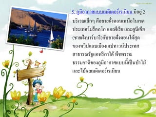 5. ภูมิอากาศแบบเมดิเตอร์เรเนียน มีอยู่ 2
บริ เวณเล็กๆ คือชายฝั่งตอนเหนือในเขต
ประเทศโมร็ อกโก แอลจีเรี ย และตูนีเซีย
(ชายฝั่งบาร์บารี )กับชายฝั่งตอนใต้สุด
ของทวีปแถบเมืองเคปทาวน์ประเทศ
สาธารณรัฐแอฟริ กาใต้ พืชพรรณ
ธรรมชาติของภูมิอากาศแบบนี้เป็ นป่ าไม้
และไม้ผลเมดิเตอร์เรเนียน
 