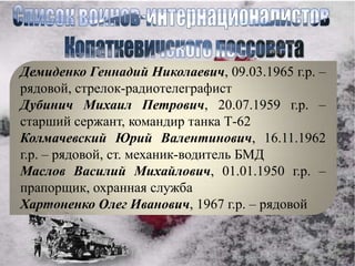 Демиденко Геннадий Николаевич, 09.03.1965 г.р. –
рядовой, стрелок-радиотелеграфист
Дубинич Михаил Петрович, 20.07.1959 г.р. –
старший сержант, командир танка Т-62
Колмачевский Юрий Валентинович, 16.11.1962
г.р. – рядовой, ст. механик-водитель БМД
Маслов Василий Михайлович, 01.01.1950 г.р. –
прапорщик, охранная служба
Хартоненко Олег Иванович, 1967 г.р. – рядовой
 