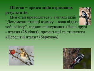 III етап – презентація отриманих
результатів.
   Цей етап проводиться у вигляді акції
“Допоможи пташці взимку – вона віддячить
тобі влітку”, години спілкування «Наші друзі
- птахи» (28 січня), презентації та стінгазети
«Перелітні птахи» (березень).
 