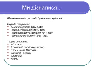 Ми дізналися...
Шевченко – поет, прозаїк, драматург, художник

Періоди творчості:
 рання творчість 1837-1843
 період «трьох літ»1843-1847
 період арешту і заслання 1847-1857
 останні роки життя 1857-1861.


Творча спадщина:
 «Кобзар»
 9 повістей російською мовою
 п’єса «Назар Стодоля»
 «Никита Гайдай»
 щоденник
 листи
 