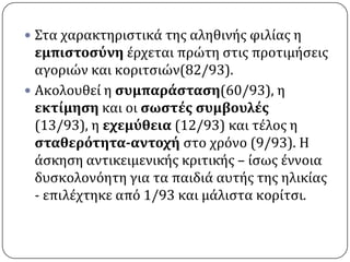  ΢τα χαρακτηριςτικϊ τησ αληθινόσ φιλύασ η
  εμπιςτοςύνη ϋρχεται πρώτη ςτισ προτιμόςεισ
  αγοριών και κοριτςιών(82/93).
 Ακολουθεύ η ςυμπαράςταςη(60/93), η
  εκτίμηςη και οι ςωςτέσ ςυμβουλέσ
  (13/93), η εχεμύθεια (12/93) και τϋλοσ η
  ςταθερότητα-αντοχή ςτο χρόνο (9/93). Η
  ϊςκηςη αντικειμενικόσ κριτικόσ – ύςωσ ϋννοια
  δυςκολονόητη για τα παιδιϊ αυτόσ τησ ηλικύασ
  - επιλϋχτηκε από 1/93 και μϊλιςτα κορύτςι.
 
