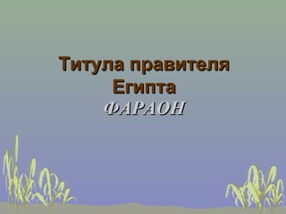 Титула правителя
     Египта
    ФАРАОН
 