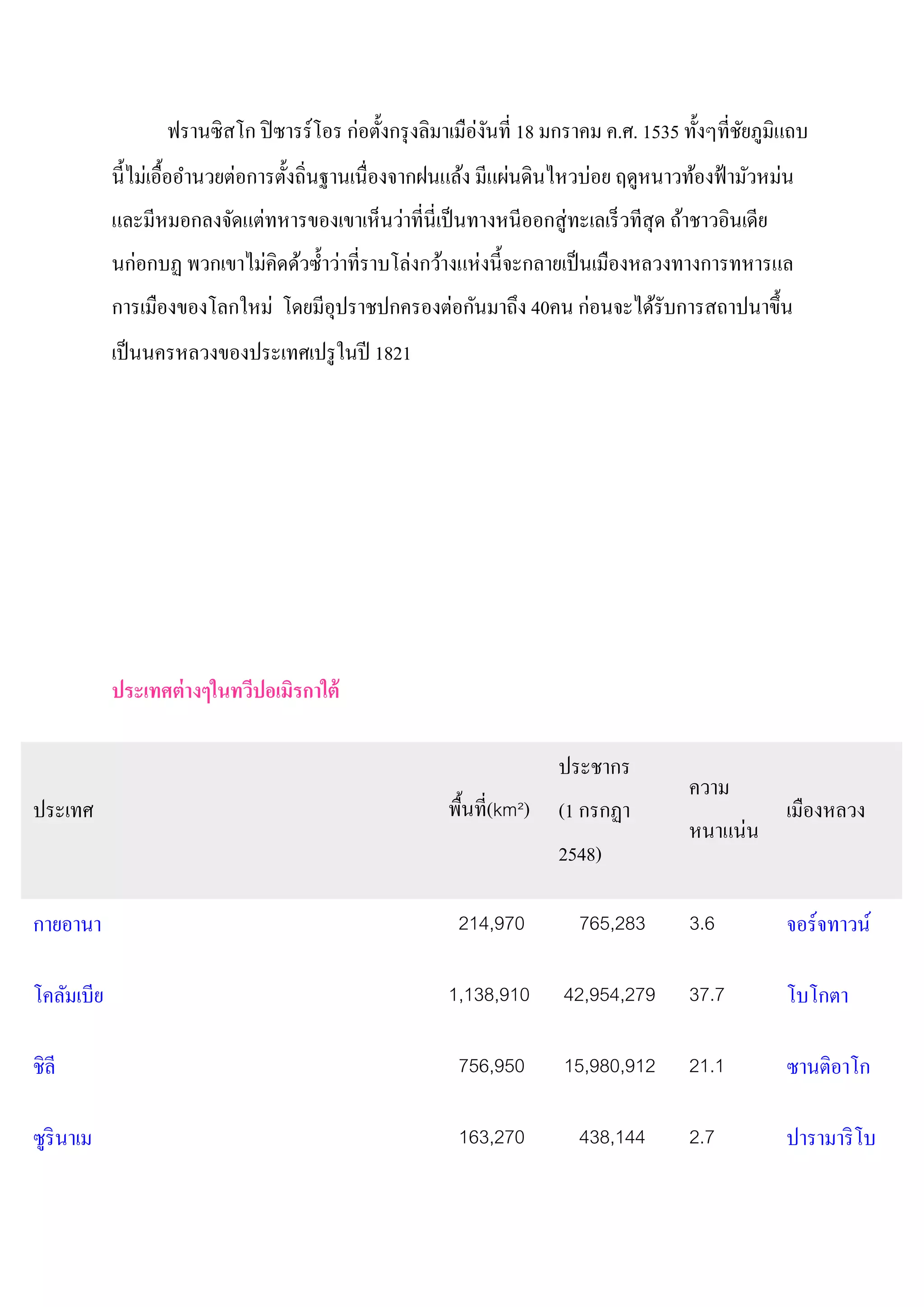 ่
                   ฟรานซิสโก ปิ ซารร์ โอร กอตั้ งกรุ งลิมาเมือ่งันที่ 18 มกราคม ค.ศ. 1535 ทั้ งๆที่ชยภูมิแถบ
                                                                                                    ั
                  ่           ่                                   ่       ่                      ่
            นี้ ไมเอื้ออํานวยตอการตั้ งถิ่นฐานเนื่องจากฝนแล้ง มีแผนดินไหวบอย ฤดูหนาวท้องฟ้ ามัวหมน
            และมีหมอกลงจัดแตทหารของเขาเห็นวาที่นี่เป็ นทางหนีออกสู่ ทะเลเร็ วทีสุด ถ้าชาวอินเดีย
                            ่              ่
              ่            ่           ่        ่       ่
            นกอกบฏ พวกเขาไมคิดด้วซํ้ าวาที่ราบโลงกว้างแหงนี้ จะกลายเป็ นเมืองหลวงทางการทหารแล
                                                 ่ ั            ่
            การเมืองของโลกใหม่ โดยมีอุปราชปกครองตอกนมาถึง 40คน กอนจะได้รับการสถาปนาขึ้ น
            เป็ นนครหลวงของประเทศเปรู ในปี 1821




            ประเทศต่ างๆในทวีปอเมิรกาใต้

                                                                         ประชากร
                                                                                           ความ
ประเทศ                                                    พื้นที่(km²)   (1 กรกฏา                       เมืองหลวง
                                                                                                ่
                                                                                           หนาแนน
                                                                         2548)

กายอานา                                                    214,970          765,283        3.6          จอร์จทาวน์

โคลัมเบีย                                                 1,138,910       42,954,279       37.7         โบโกตา

ชิลี                                                       756,950        15,980,912       21.1         ซานติอาโก

ซูรินาเม                                                   163,270          438,144        2.7          ปารามาริ โบ
 
