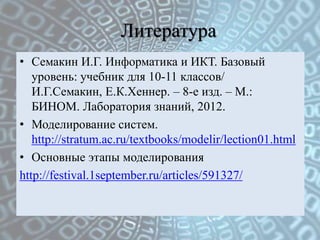 Литература
• Семакин И.Г. Информатика и ИКТ. Базовый
   уровень: учебник для 10-11 классов/
   И.Г.Семакин, Е.К.Хеннер. – 8-е изд. – М.:
   БИНОМ. Лаборатория знаний, 2012.
• Моделирование систем.
   http://stratum.ac.ru/textbooks/modelir/lection01.html
• Основные этапы моделирования
http://festival.1september.ru/articles/591327/
 