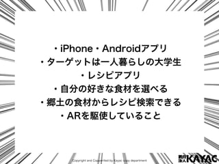 Copyright and Copywrited by Kayac copy department
・iPhone・Androidアプリ
・ターゲットは一人暮らしの大学生
・レシピアプリ
・自分の好きな食材を選べる
・郷土の食材からレシピ検索で...