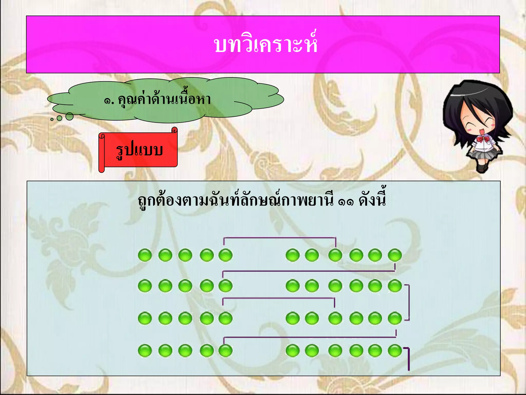 บทวิเคราะห์
๑. คุณค่ าด้ านเนือหา
                  ้

  รูปแบบ

      ถูกต้ องตามฉันท์ ลกษณ์ กาพยานี ๑๑ ดังนี้
                        ั
 