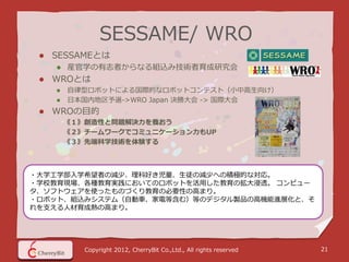 SESSAME/ WRO
    SESSAMEとは
        産官学の有志者からなる組込み技術者育成研究会
    WROとは
        自律型ロボットによる国際的なロボットコンテスト（小中高生向け）
        日本国内地区予選->WRO Japan 決勝大会 -> 国際大会
    WROの目的
         《１》創造性と問題解決力を養おう
         《２》チームワークでコミュニケーション力もUP
         《３》先端科学技術を体験する



・大学工学部入学希望者の減少、理科好き児童、生徒の減少への積極的な対応。
・学校教育現場、各種教育実践においてのロボットを活用した教育の拡大浸透。 コンピュー
タ、ソフトウェアを使ったものづくり教育の必要性の高まり。
・ロボット、組込みシステム（自動車、家電等含む）等のデジタル製品の高機能進展化と、そ
れを支える人材育成熱の高まり。




            Copyright 2012, CherryBit Co.,Ltd., All rights reserved   21
 