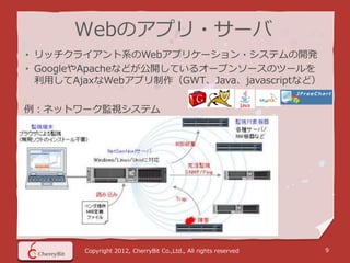 Webのアプリ・サーバ
• リッチクライアント系のWebアプリケーション・システムの開発
• GoogleやApacheなどが公開しているオープンソースのツールを
  利用してAjaxなWebアプリ制作（GWT、Java、javascriptなど）

例：ネットワーク監視システム




        Copyright 2012, CherryBit Co.,Ltd., All rights reserved   9
 
