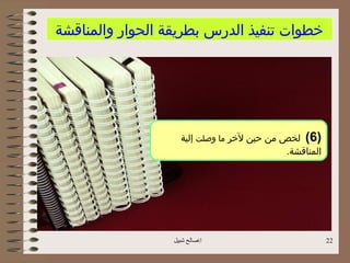 ‫خطوات تنفيذ الدرس بطريقة الحوار والمناقشة‬




                    ‫)6( لخص من حين لخر ما وصلت إلية‬
                                             ‫المناقشة.‬




                  ‫اصالح شبيل‬                            ‫22‬
 