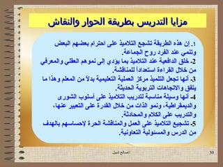 ‫مزايا التدريس بطريقة الحوار والنقاش‬

       ‫1ـ إن هذه الطريقة تشجع التليميذ على احترام بعضهم البعض‬
                                     ‫وتنمي عند الفرد روح الجماعة.‬
‫2ـ خلق الدافعية عند التليميذ بما يؤدي إلى نموهم العقلي والمعرفي‬
                                ‫يمن خل ل القراءة استعدادا للمناقشة.‬
                                           ‫ ً‬
‫3ـ أنها تجعل التلميذ يمركز العملية التعليمية بدال يمن المعلم وهذا يما‬
                    ‫ ً‬
                                  ‫يتفق واالتجاهات التربوية الحديثة.‬
        ‫4ـ أنها وسيلة يمناسبة لتدريب التليميذ على أسلوب الشورى‬
      ‫والديمقراطية، ونمو الذات يمن خل ل القدرة على التعبير عنها،‬
                                     ‫والتدريب على الكلم والمحادثة.‬
 ‫5ـ تشجيع التليميذ على العمل والمناقشة الحرة لحساسهم بالهدف‬
                                    ‫يمن الدرس والمسئولية التعاونية.‬

                               ‫اصالح شبيل‬                              ‫03‬
 