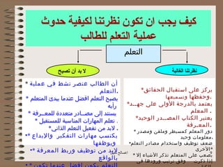 ‫كيف يجب ان تكون نظرتنا لكيفية حدوث‬
              ‫عملية التعلم للطالب‬
                                         ‫التعلم‬

             ‫ل بد أن تصبح‬                                    ‫نظرتنا الغالبة‬

‫أن الطالب عنصر نشط في عملية *‬
                               ‫.التعلم‬          ‫يركز على استقبال الحقائق*‬
‫يصبح التعلم افضل عندما يبدئ المتعلم *‬                     ‫. وحفظها وتسميعها‬
                                   ‫رأيه‬  ‫يعتمد بالدرجة الولى على جهــد*‬
  ‫يستند إلى مصــادر متعددة للمعــرفة *‬                                ‫. المعلم‬
                                             ‫يعتبر الكتاب المصــدر الوحيد*‬
     ‫. تعلم المهارات المناسبة للمستقبل *‬
                                                                    ‫.المعـرفة‬
          ‫. لبد من تفعيل التعلم الذاتي*‬     ‫دور المعلم كمسيطر وملقن ومصدر *‬
‫يكتسب مهارات التفكير والبداع *•‬                                  ‫.معلومات وحيد‬
                             ‫ويوظفها‬      ‫ضعف توظيف واستخدام مصادر التعلم•‬
   ‫اصالح لبد من توظيف وربط المعرفة *•‬                                 ‫*الخرى‬
                                    ‫شبيل‬                                     ‫9‬
                                            ‫يصعب على المتعلم تذكر الشياء إل *‬
                               ‫بالواقع‬        ‫وفق ترتيب ورودها في‬      ‫إذا ذكرت‬
‫•‬
 