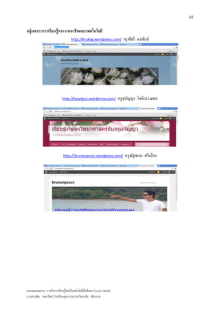 68

กลุ่มสาระการเรียนรู้ การงานอาชี พและเทคโนโลยี
                                    http://krukag.wordpress.com/          ครู พชรี คงพันธ์
                                                                               ั




                             http://kasetpcc.wordpress.com/                    ั
                                                                        ครู สุกญญา โชติวรรณพร




                              http://krunonpcccr.wordpress.com/            ครู ณฐชนน ศรี เมือง
                                                                                ั




แบบเสนอผลงาน การจัดการเรียนรู้โดยใช้เทคโนโลยีสื่อสังคม (Social Media)
นางสายพิน วงษารัตน์ โรงเรียนจุฬาภรณราชวิทยาลัย เชียงราย
 