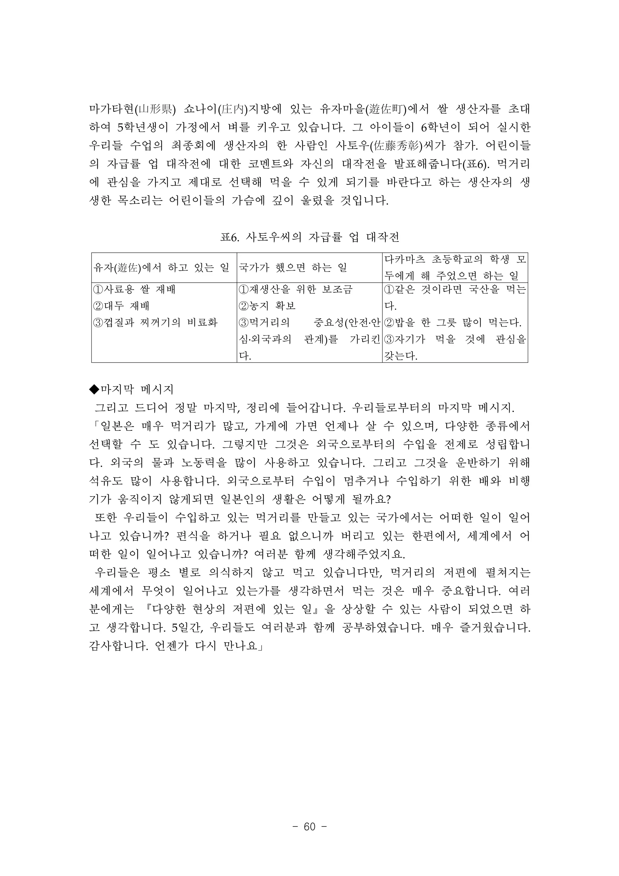 마가타현(山形県) 쇼나이(庄内)지방에 있는 유자마을(遊佐町)에서 쌀 생산자를 초대
하여 5학년생이 가정에서 벼를 키우고 있습니다. 그 아이들이 6학년이 되어 실시한
우리들 수업의 최종회에 생산자의 한 사람인 사토우(佐藤秀彰)씨가 참가. 어린이들
의 자급률 업 대작전에 대한 코멘트와 자신의 대작전을 발표해줍니다(표6). 먹거리
에 관심을 가지고 제대로 선택해 먹을 수 있게 되기를 바란다고 하는 생산자의 생
생한 목소리는 어린이들의 가슴에 깊이 울렸을 것입니다.


                표6. 사토우씨의 자급률 업 대작전
                                     다카마츠 초등학교의 학생 모
유자(遊佐)에서 하고 있는 일 국가가 했으면 하는 일
                                     두에게 해 주었으면 하는 일
①사료용 쌀 재배        ①재생산을 위한 보조금        ①같은 것이라면 국산을 먹는
②대두 재배           ②농지 확보              다.
③껍질과 찌꺼기의 비료화    ③먹거리의      중요성(안전․안 ②밥을 한 그릇 많이 먹는다.
                 심․외국과의   관계)를    가리킨 ③자기가 먹을 것에 관심을
                 다.                  갖는다.


◆마지막 메시지
그리고 드디어 정말 마지막, 정리에 들어갑니다. 우리들로부터의 마지막 메시지.
「일본은 매우 먹거리가 많고, 가게에 가면 언제나 살 수 있으며, 다양한 종류에서
선택할 수 도 있습니다. 그렇지만 그것은 외국으로부터의 수입을 전제로 성립합니
다. 외국의 물과 노동력을 많이 사용하고 있습니다. 그리고 그것을 운반하기 위해
석유도 많이 사용합니다. 외국으로부터 수입이 멈추거나 수입하기 위한 배와 비행
기가 움직이지 않게되면 일본인의 생활은 어떻게 될까요?
또한 우리들이 수입하고 있는 먹거리를 만들고 있는 국가에서는 어떠한 일이 일어
나고 있습니까? 편식을 하거나 필요 없으니까 버리고 있는 한편에서, 세계에서 어
떠한 일이 일어나고 있습니까? 여러분 함께 생각해주었지요.
우리들은 평소 별로 의식하지 않고 먹고 있습니다만, 먹거리의 저편에 펼쳐지는
세계에서 무엇이 일어나고 있는가를 생각하면서 먹는 것은 매우 중요합니다. 여러
분에게는 『다양한 현상의 저편에 있는 일』을 상상할 수 있는 사람이 되었으면 하
고 생각합니다. 5일간, 우리들도 여러분과 함께 공부하였습니다. 매우 즐거웠습니다.
감사합니다. 언젠가 다시 만나요」




                         - 60 -
 