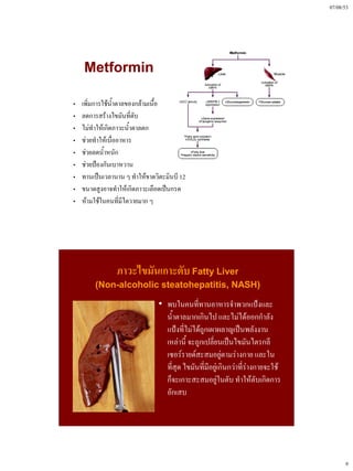 07/08/53




    Metformin

„   เพิ่มการใช้น้ําตาลของกล้ามเนื้อ
„   ลดการสร้างไขมันที่ตับ
„   ไม่ทําให้เกิดภาวะน้ําตาลตก
„   ช่วยทําให้เบื่ออาหาร
„   ช่วยลดน้ําหนัก
„   ช่วยป้องกันเบาหวาน
„   ทานเป็นเวลานาน ๆ ทําให้ขาดวิตะมินบี 12
„   ขนาดสูงอาจทําให้เกิดภาวะเลือดเป็นกรด
„   ห้ามใช้ในคนทีมีไตวายมาก ๆ
                    ่




                ภาวะไขมันเกาะตับ Fatty Liver
        (Non-
        (Non-alcoholic steatohepatitis, NASH)

                                • พบในคนที่ทานอาหารจําพวกแป้งและ
                                  น้ําตาลมากเกินไป และไม่ได้ออกกําลัง
                                  แป้งที่ไม่ได้ถูกเผาผลาญเป็นพลังงาน
                                  เหล่านี้ จะถูกเปลี่ยนเป็นไขมันไตรกลี
                                  เซอร์รายด์สะสมอยู่ตามร่างกาย และใน
                                  ที่สุด ไขมันที่มีอยู่เกินกว่าที่ร่างกายจะใช้
                                  ก็จะเกาะสะสมอยู่ในตับ ทําให้ตับเกิดการ
                                  อักเสบ




                                                                                       9
 