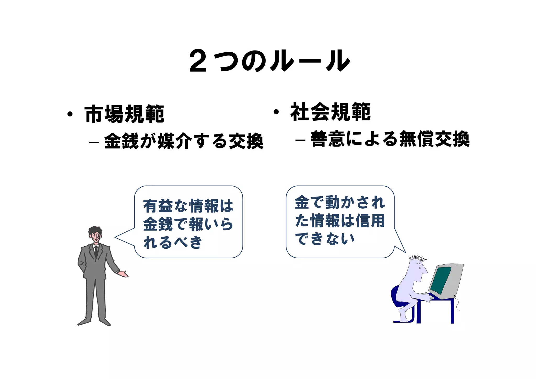 ２つのルール
• 市場規範         • 社会規範
 – 金銭が媒介する交換    – 善意による無償交換
                  善意   無償交換


    有益な情報は      金で動かされ
    金銭で報いら      た情報は信用
    れるべき         きな
                できない
 