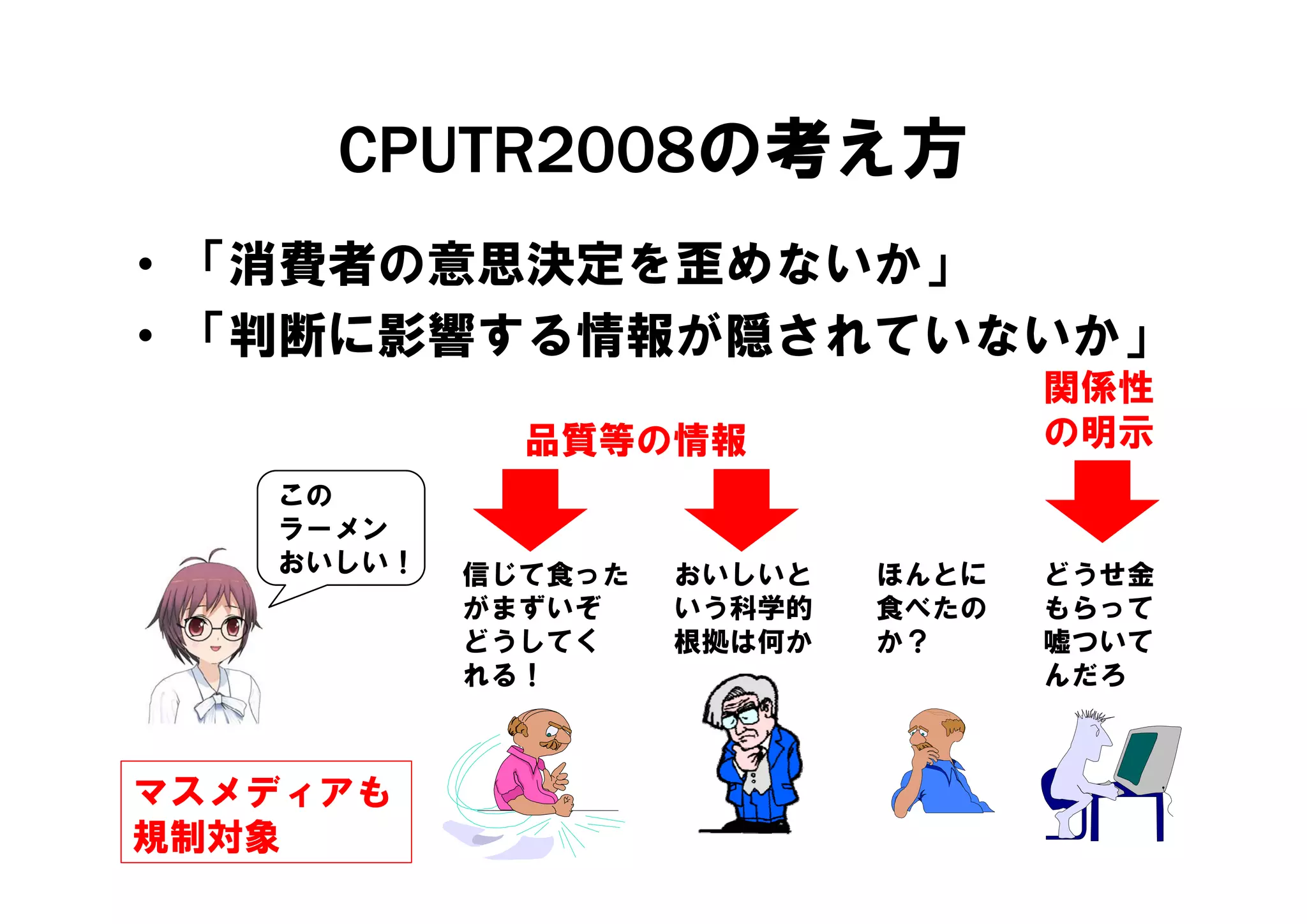 CPUTR2008の考え方
• 「消費者の意思決定を歪めないか
  「消費者の意思決定を歪めないか」
• 「判断に影響する情報が隠されていないか」
   判断 影響  情報 隠さ      」
                                   関係性
             品質等の情報                の明示
   この
   ラーメン
   おいしい！   信じて食った
           信じて食 た   おいしいと   ほんとに   どうせ金
           がまずいぞ    いう科学的   食べたの   もらって
           どうしてく    根拠は何か   か？     嘘ついて
           れる！                     んだろ



マスメディアも
   デ  も
規制対象
 