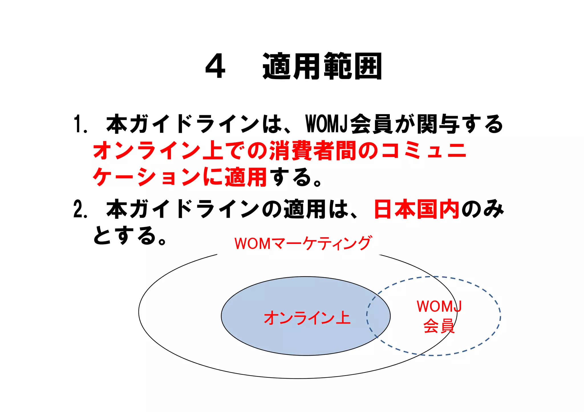 ４ 適用範囲
1. 本ガイドラインは、WOMJ会員が関与する
  オンライン上での消費者間の
  オンライン上での消費者間のコミュニ
  ケーションに適用する。
2. 本ガイドラインの適用は、日本国内のみ
2 本ガイドラインの適用は 日本国内のみ
  とする。   WOMマーケティング


                   WOMJ
          オンライン上   会員
 