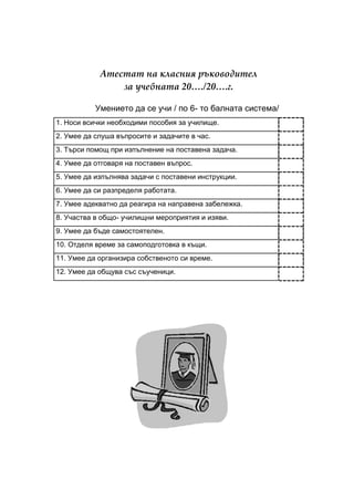 Атестат на класния ръководител
                за учебната 20…./20….г.

           Умението да се учи / по 6- то балната система/
1. Носи всички необходими пособия за училище.
2. Умее да слуша въпросите и задачите в час.
3. Търси помощ при изпълнение на поставена задача.
4. Умее да отговаря на поставен въпрос.
5. Умее да изпълнява задачи с поставени инструкции.
6. Умее да си разпределя работата.
7. Умее адекватно да реагира на направена забележка.
8. Участва в общо- училищни мероприятия и изяви.
9. Умее да бъде самостоятелен.
10. Отделя време за самоподготовка в къщи.
11. Умее да организира собственото си време.
12. Умее да общува със съученици.
 