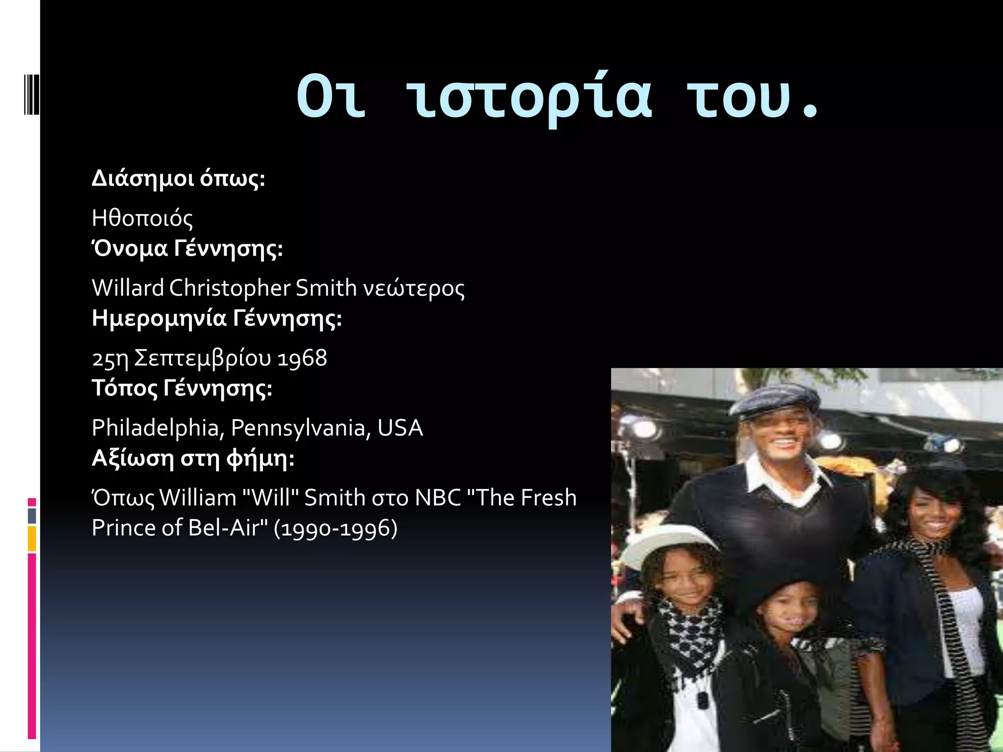 Οι ιστορία του.
Διάςημοι όπωσ:
Ηθοποιόσ
Όνομα Γέννηςησ:
Willard Christopher Smith νεώτεροσ
Ημερομηνία Γέννηςησ:
25η Σεπτεμβρίου 1968
Τόποσ Γέννηςησ:
Philadelphia, Pennsylvania, USA
Αξίωςη ςτη φήμη:
Όπωσ William "Will" Smith ςτο NBC "The Fresh
Prince of Bel-Air" (1990-1996)
 