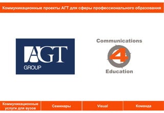 Коммуникационные проекты АГТ для сферы профессионального образования




Коммуникационные
                     Семинары           Visual           Команда
 услуги для вузов
 