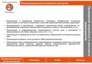 Коммуникационные активности для вузов




                                                                                          Проведение медийных и массовых
  •   Организация и проведение профильных семинаров, конференций, конгрессов,
      презентаций, в том числе на базе вуза с участием представителей целевых аудиторий




                                                                                                   мероприятий
  •   Инициирование и организация поддержка студенческих акций, направленных на
      формирование позитивного имиджа вуза (социальные проекты, экологические и т.д.)
  •   Организация и информационное сопровождение участия вуза в российских и
      международных выставках, форумах, конгрессах и т.д.
                                            Услуги
  •   Организация и проведение оn-line и интерактивных мероприятий на Интернет-ресурсах
      вуза
  •   Организация интервью и выступлений в СМИ руководителей вуза
  •   Организация и/или информационное сопровождение проведения различных массовых
      мероприятий (Дней открытых дверей), визитов представителей федеральной,
      региональной власти, представителей крупного бизнеса в вуз




Коммуникационные
                              Семинары                    Visual                  Команда
 услуги для вузов
 