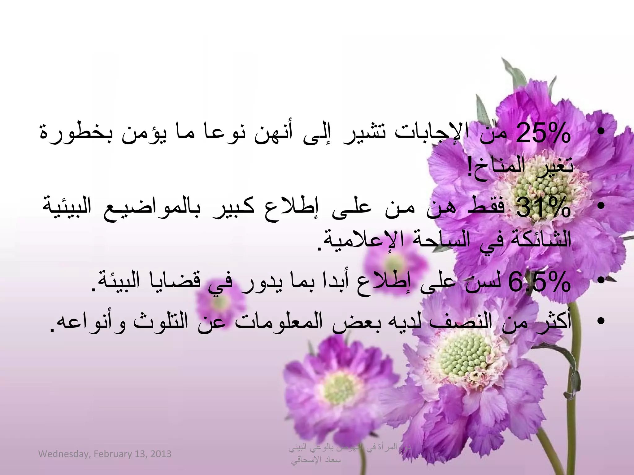 ‫%52 من الاجابات تشير إلى أنهن نوعا ما يؤمن بخطورة‬                  ‫•‬
                                                  ‫تغير المناخ!‬
‫%13 فقيط هين مين عليى إطل ع كيبير بالمواضييع البيئية‬               ‫•‬
                                  ‫الشائكة في الساحة العلمية�.‬
       ‫%5�.6 لسن على إطل ع أبدا بما يدور في قضايا البيئة�.‬       ‫•‬
 ‫أكثر من النصف لديه بعض المعلومات عن التلوث وأنواعه�.‬             ‫•‬



                               ‫دورالمرأة في النهوض بالوعي البيئي‬
‫3102 ,31 ‪Wednesday, February‬‬
                               ‫حسعاد الحسحاقي‬
 