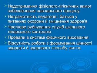  Недотримання фізіолого-гігієнічних вимог
  забезпечення навчального процесу
 Неграмотність педагогів і батьків у
  питаннях охорони й зміцнення здоров'я
 Часткове руйнування служб шкільного
  лікарського контролю
 Провали в системі фізичного виховання
 Відсутність роботи з формування цінності
  здоров'я й здорового способу життя.
 