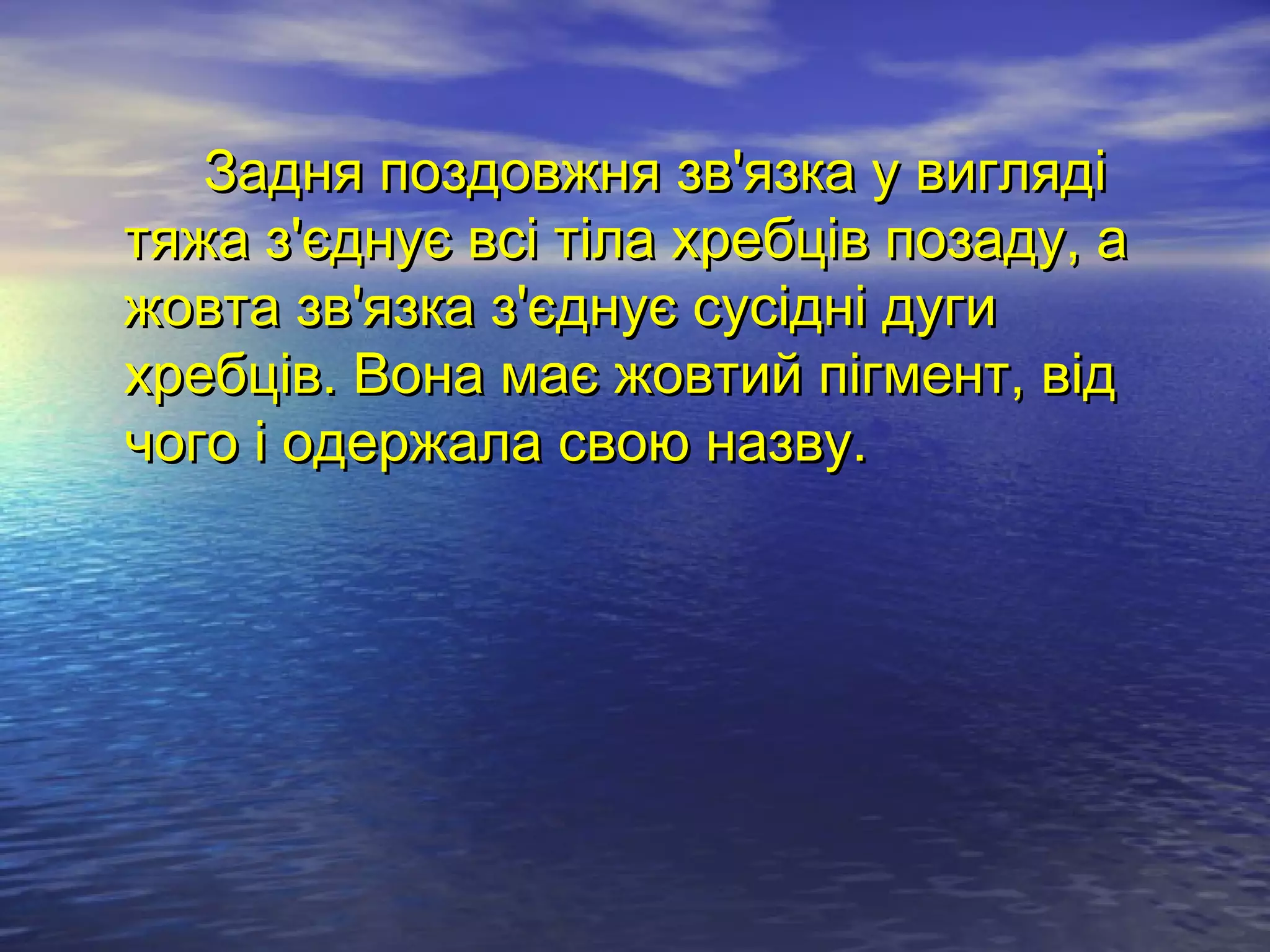 Задня поздовжня зв'язка у вигляді
тяжа з'єднує всі тіла хребців позаду, а
жовта зв'язка з'єднує сусідні дуги
хребців. Вона має жовтий пігмент, від
чого і одержала свою назву.
 