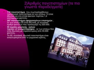 2)Αριθμός πανεπιστημίων (τα πιο
                     γνωστά παραδείγματα)
   110 πανεπιστήμια που συμπεριλαμβάνουν
    τεχνολογικά πανεπιστήμια εκ των οποίων 13 είναι
    ιδιωτικά και στα οποία φοιτούν περίπου 1,4
    εκατομμύρια φοιτητές.
   207 πανεπιστήμια εφαρμοσμένων επιστημών ,
    εκ των οποίων 55 είναι ιδιωτικά, με συνολικό
    αριθμό φοιτητών που προσεγγίζει τις 520.000.
   55 σχολές μουσικής , καλών 
    τεχνών και κινηματογράφου , εκ των οποίων δύο
    είναι ιδιωτικές με περισσότερους από 30.000
    φοιτητές.
   Τα 92, συνολικά, ιδιωτικά πανεπιστήμια είναι
    αναγνωρισμένα από το γερμανικό κράτος.
 